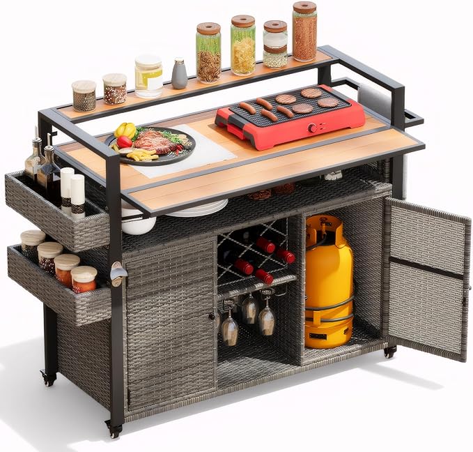 52.8" W Wicker Outdoor Bar Cart Table with Extended Plastic Wood Table Top, Outdoor Grill Cart with Large Storage Cabinet, for Patio Backyard Garden Poolside, Double Handle Design, Grey