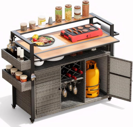 52.8" W Wicker Outdoor Bar Cart Table with Extended Plastic Wood Table Top, Outdoor Grill Cart with Large Storage Cabinet, for Patio Backyard Garden Poolside, Double Handle Design, Grey
