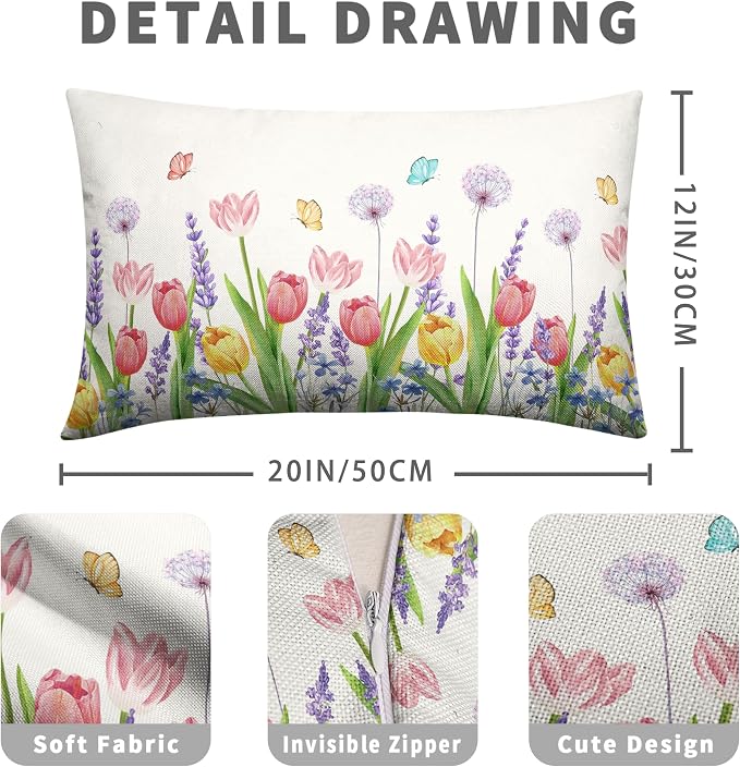 Spring Summer Floral Rectangle Pillow Case 12x20 Pink Tulip Lumbar Throw Pillow Covers Flowers with Butterflies Decorative Waist Pillowcase Set of 2 for Bed Couch Sofa