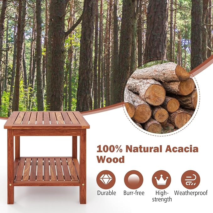 HAPPYGRILL Wood Outdoor Side Table Set of 2, Patio Square End Table, Sturdy Acacia Wood Coffee Table for Porch, Poolside, Backyard, Garden, Balcony, Living Room