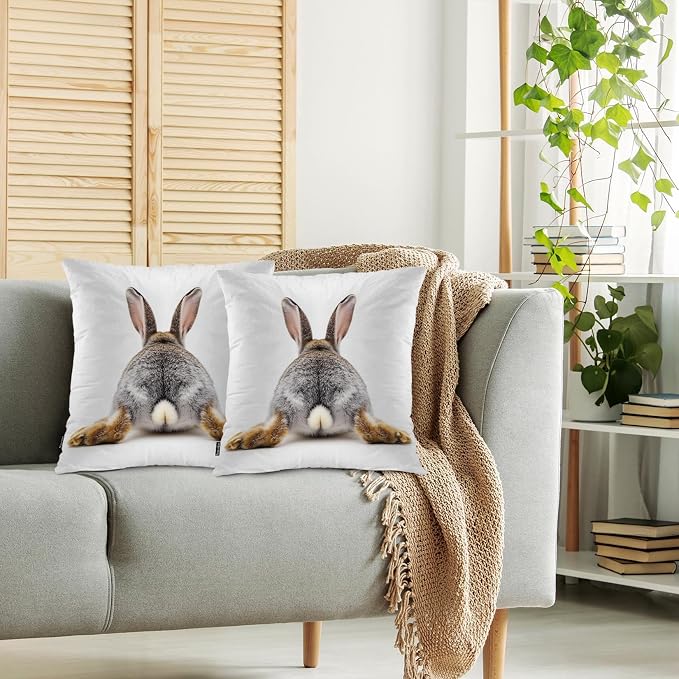 Swono Rabbit Square Pillow Covers Cushion Covers, Funny Bunny Tail 18 X 18 Inch Set of 2 Throw Pillow Cover Gray Rabbit Pillowcases Home Decorative for Couch Sofa Car Bedroom, No Insert