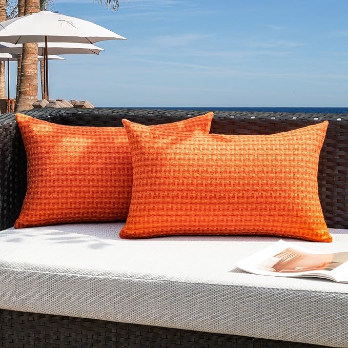 Kevin Textile Outdoor Waterproof 12"x24" Pillow Covers 2 Pack, Orange | Water Resistant Weaving Faux Linen Texture Throw Pillow Covers, Outside Decorative Pillowcases for Garden Patio Balcony Couch