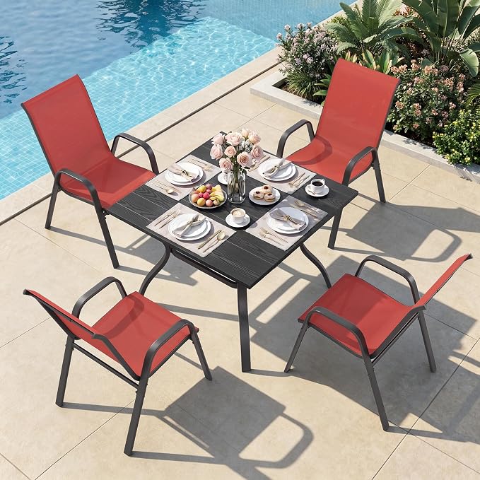 Outdoor Patio Dining Set for 4, 5 Pieces Patio Table and Chairs Set with Umbrella Hole, 37.8"x 37.8" Square Metal Wood-Grain Dining Table Set with 4 Stackable Patio Chairs for Deck , Backyard, Porch