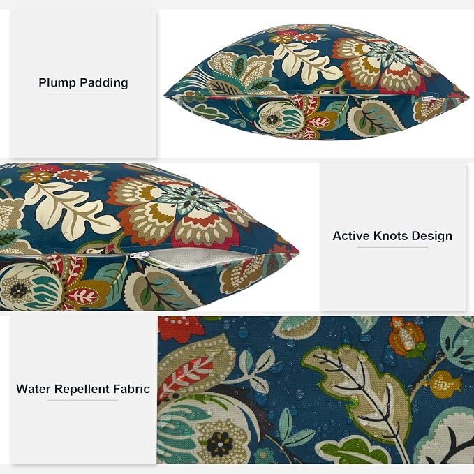 Outdoor Lumbar Pillows, Water Repellent Cushion Pillows 12x20 Inch, Outdoor Pillows with Inserts for Home Garden, Pack of 2, Peacock Blue