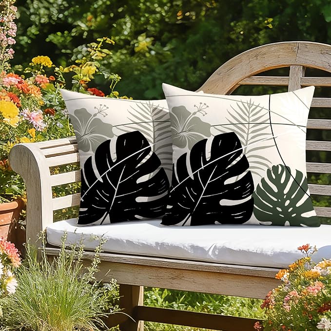 OTOSTAR Outdoor Waterproof Throw Pillow Covers 18x18 Inch Set of 2 Double-Sided Black Grey Tropical Leaf and Flower Spring Summer Decorative Pillow Cases for Patio Funiture Garden Balcony Couch
