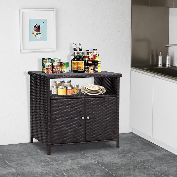 Wicker Outdoor Bar Table with Aluminum Tabletop - Outdoor Storage Cabinet Weather-Proof Rattan Bar Counter Table with Two Doors for Outdoor Cushions, Pool Toys and Garden Tools