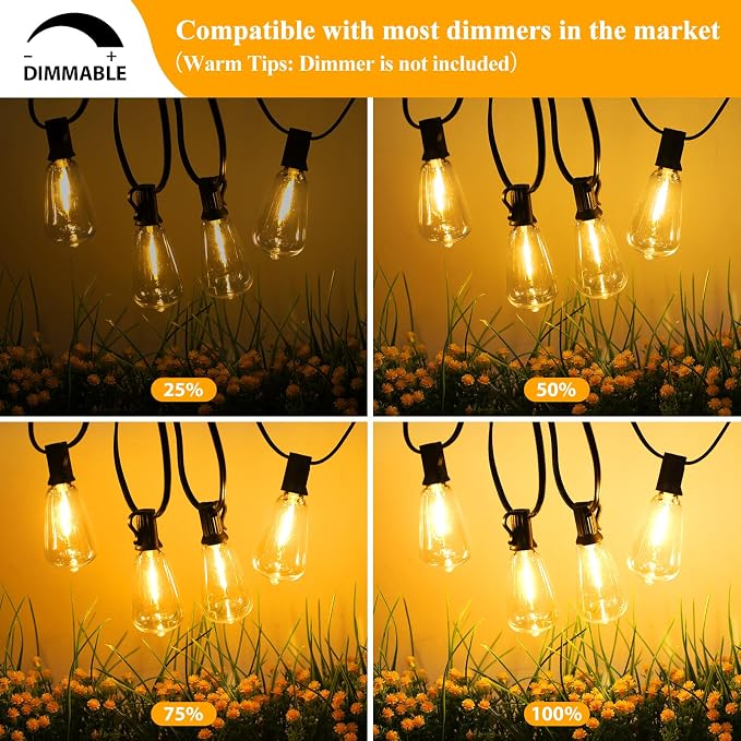 Brightever LED String Lights Outdoor Waterproof, 150FT 2200K Dimmable Patio Lights with 77 Shatterproof ST38 Vintage Edison Bulbs, Outside Hanging Light for Porch, Deck, Garden, Backyard, Balcony