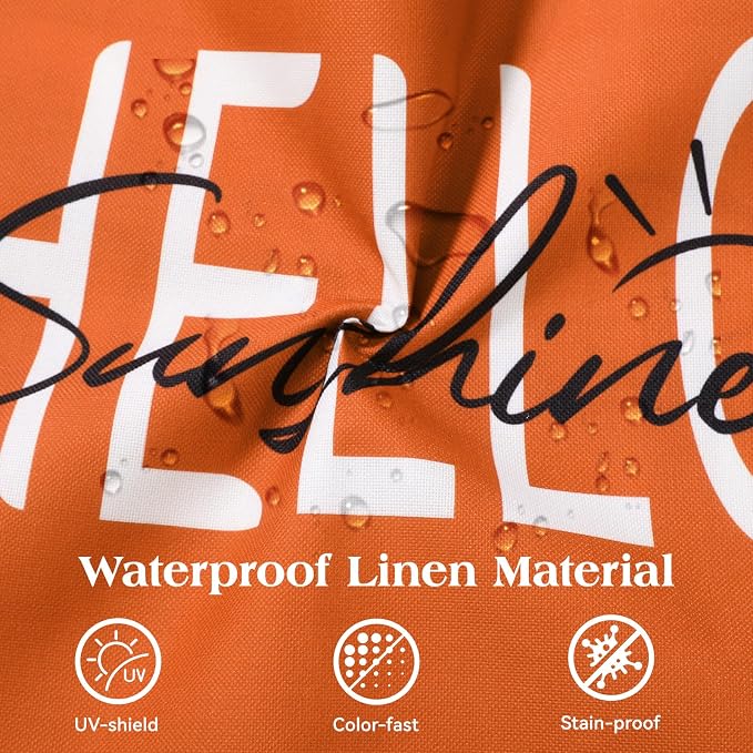 Lewondr Waterproof Outdoor Throw Pillow Cover, 18×18", Orange | 2 Pack, Hello Sunshine Printing, Summer Garden Decor, For Patio Sofa, Balcony Couch, Bench Porch