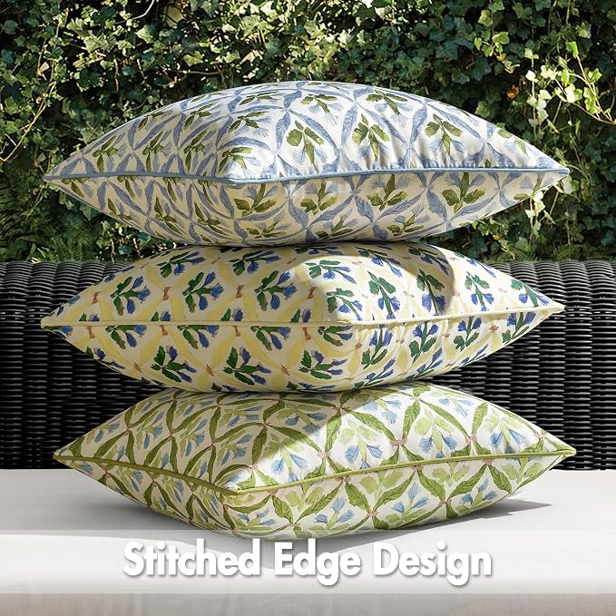 MIULEE Outdoor Floral Pillow Covers Waterproof 12x20 Blue-Green | Decorative Block Print,Boho Farmhouse, Set of 2 Coastal Summer Cushion Covers with Piping,Garden Patio Furniture Porch Couch