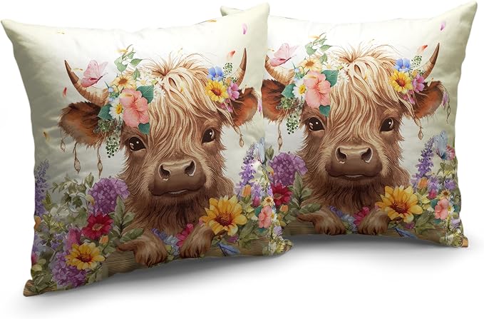 Highland Cow Pillow Covers 20x20 Set of 2 Cattle with Flowers Throw Pillow Covers Spring Outdoor Pillowcase Cotton Linen Farmhouse Cushion Case for Sofa Outdoor Patio