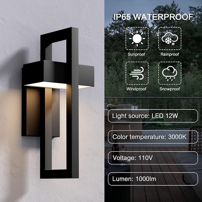 LamQee Modern Outdoor Wall Lights 3000K Integrated LED Outdoor Wall Sconces Lighting, Contemporary Exterior Lighting Fixtures Outside Wall Mount Lights for House Porch Front Door Garage, Matte Black