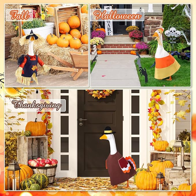 11 Set Holiday Porch Goose Outfits All Seasons Goose Clothes Umbrella Easter Statue Costume for Patio Lawn Outdoor