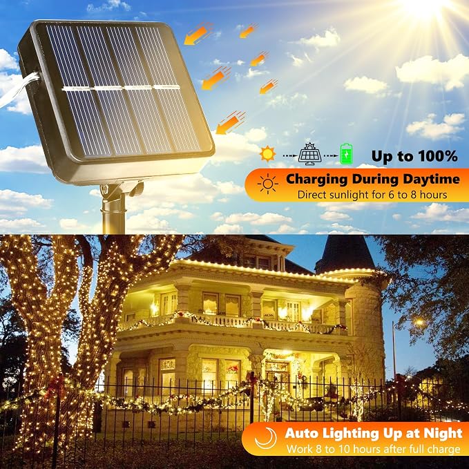 Joomer Solar Fairy Lights, 2-Pack Total 80FT 240LED Lights, Warm White | Copper Wire, Solar String Light Waterproof 8 Lighting Modes for Patio Fence Party Garden Yard Home Outdoor Decoration