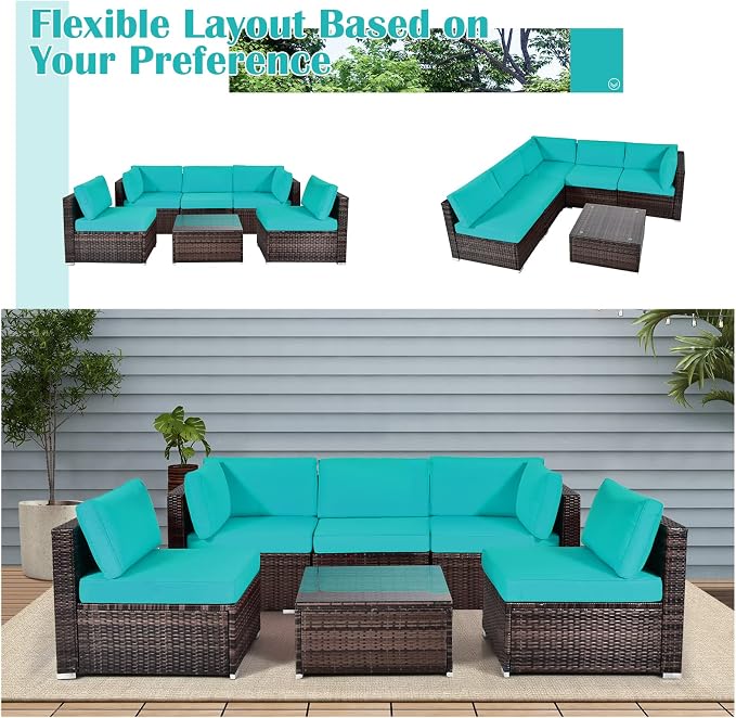 HAPPYGRILL 6 Pieces Outdoor Patio Furniture Set, PE Rattan Conversation Set with Tempered Glass Coffee Table and Cozy Cushions, Weather Resistant Sectional Sofa Set, Turquoise