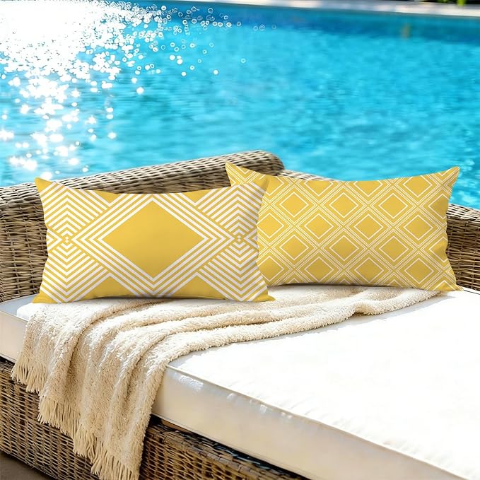 NIGHTWISH Outdoor Waterproof Pillow Covers 12x20 Set of 4 Yellow and White Modern Geometry Decorative Outdoor Throw Pillows Boho Cushion Cases for Patio Furniture Bench Couch Sunbrella