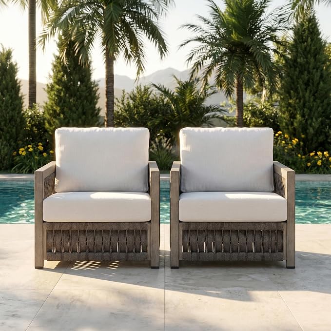 2 Pieces Patio Armchair, Rope Weave Outdoor Chair with Widened Armrests & Thick Cushions, All-Weather Aluminum Deep Seating Chair, Never Rust Patio Furniture for Garden, Porch, Deck, Gray Oak