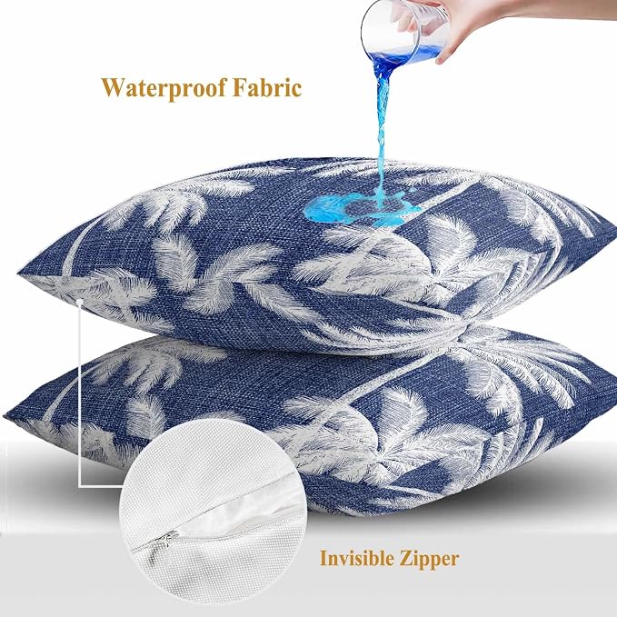 Outdoor Pillow Covers 26x26 Inch Set of 2, Indigo Blue Palm Trees Waterproof Throw Pillow Covers, Farmhouse Tropical Summer Beach Decorative Cushion Pillowcases for Couch, Sofa, Bed, Garden, Patio