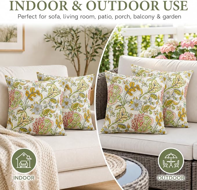 Outdoor Throw Pillows 18×18 Inch Pack of 2 Waterproof Decorative Throw Pillows with Inserts, Square Pillows for Garden Couch Sofa and Patio Furniture