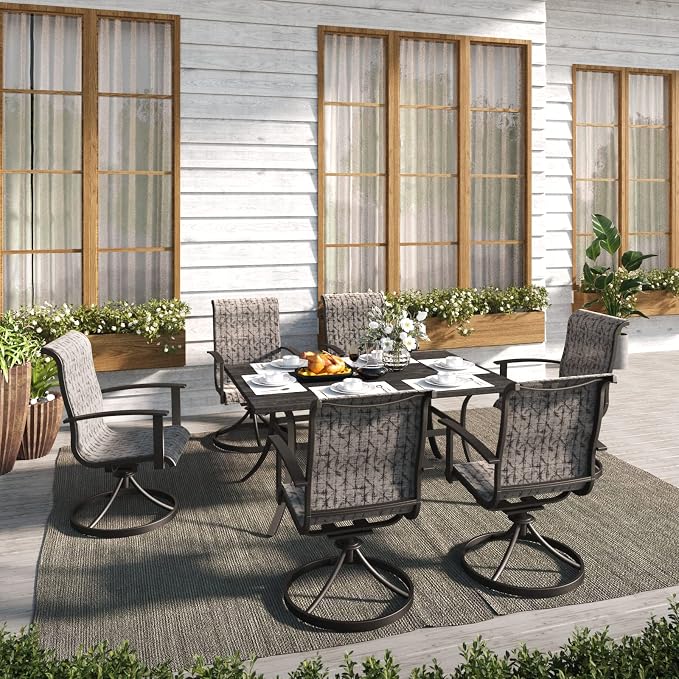 Grand patio 7-Piece Patio Dining Set for 6, Outdoor Dining Set with Swiviel Patio Chairs & 1 Rectangular Woodgrain Dining Table with Umbrella Hole, Black & Grey Plaid