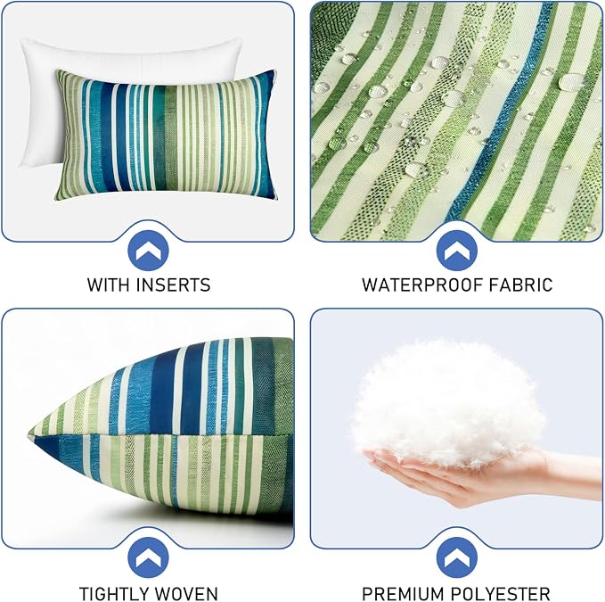 12x20 Waterproof Outdoor Pillows, Set of 2 Outdoor Lumbar Pillows | Patio Furniture Pillows, Decorative Throw Pillows, Waterproof & Fade Resistant, Removable & Washable, Stripe Blue Green