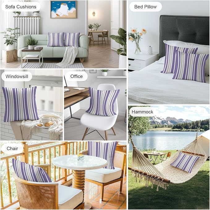 Purple Grey Stripe Outdoor Pillow Covers 24x24 Inch Throw Pillow Covers Set of 2 Waterproof Decorative Pillow Cases Farmhouse Minimalist Striped Cushion Covers for Patio Furniture Garden Couch Sofa