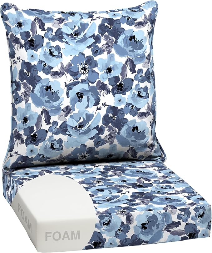 Arden Outdoor Deep Seat Cushion Set, Foam, 24x24, Blue Garden Floral | Sofa, Couch, Conversation Set, Premium High-Density Foam, Never Flattens, Mold and Mildew Resistant