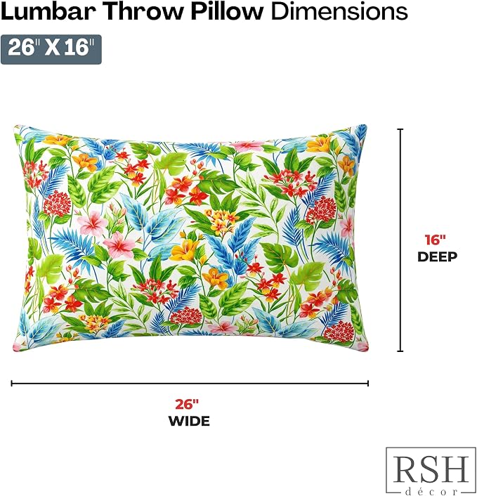 RSH DECOR: Lumbar Jumbo Throw Pillows Set of 2 | 26” x 16" | All-Weather Spun Fabric| Outdoor Support Pillows for Patio Furniture | Made in USA (Carena Multi)