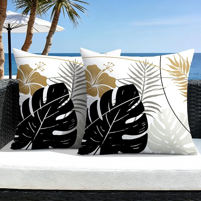 OTOSTAR Outdoor Waterproof Throw Pillow Covers 18x18 Inch Set of 2 Double-Sided Black Brown Grey Tropical Leaf and Flower Spring Summer Decorative Pillow Cases for Patio Funiture Garden Balcony Couch