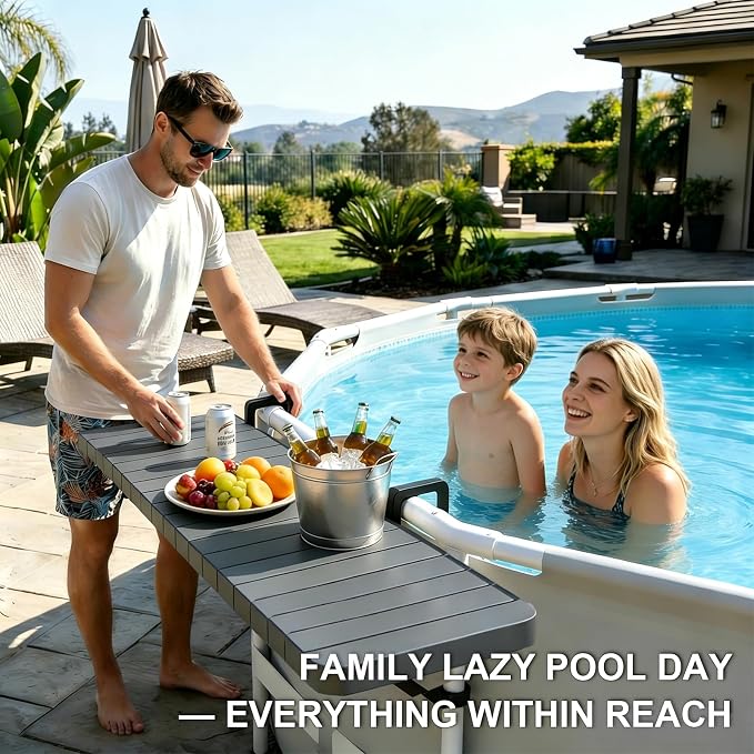 Poolside Bar Table for Above Ground Pool, 49.4x9.6 Outdoor Hanging Swim-Up Table, Holds 110 lbs, Weather-Resistant Easy-Clean, Fits Round/Oval Pools Swimming Pool Accessories, Dark Gray