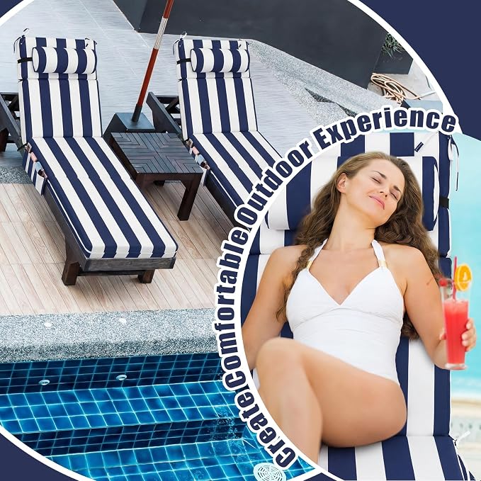 RattanView 1 Pcs Outdoor Chaise Lounge Cushion with Pillow and Side Pockets Waterproof Lounge Chair Cushion for Outdoor Furniture Patio Lounger Pad for Outside Pool Lawn (Navy Blue White,72 x 21 x 4)