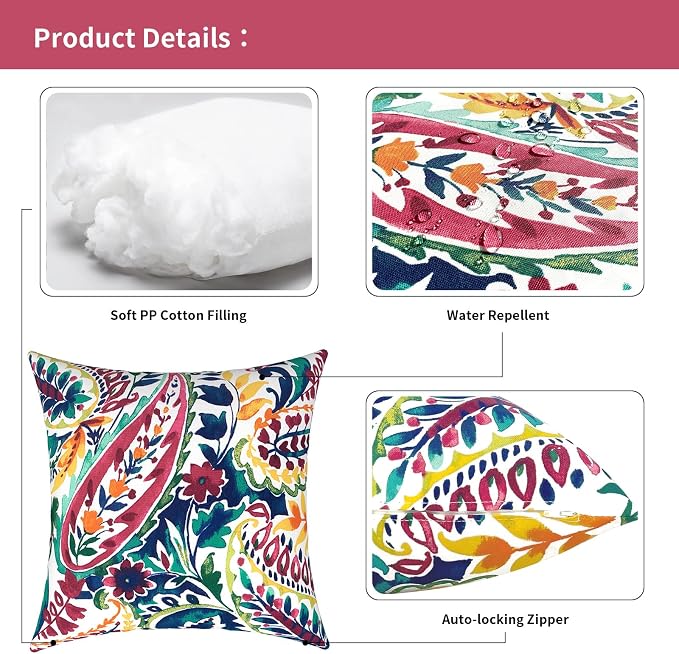 Outdoor Pillows for Patio Furniture 16x16 inch, Square Outdoor Throw Pillows with Inserts, Decorative Patio Pillows for Garden Couch Home Sofa Office Chair, Pack of 2, Vigour Paisley