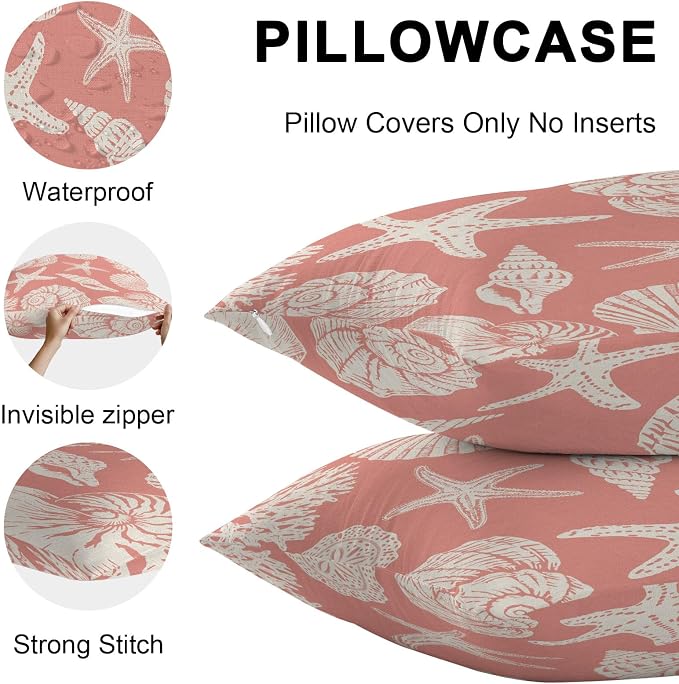 Waterproof Pillow Covers Set of 2 16x16 Inch Ocean Coastal Outdoor Cushion Covers Shells Starfish Conch Coral Red Linen Decorative Pillow Cases for Patio, Sofa, Couch, Garden, Balcony