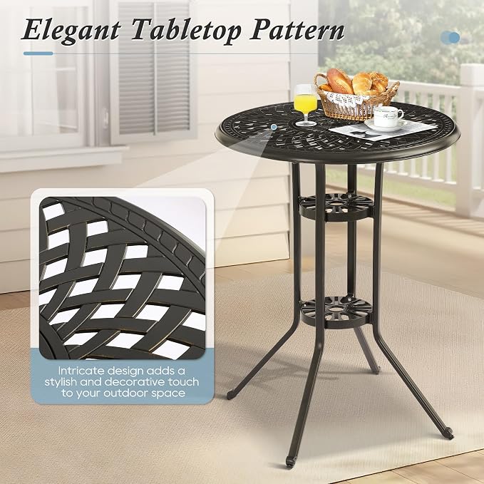 Patio Dining Table,Cast Aluminum Patio Tables with Umbrella Hole, Outdoor Bistro Table for Backyard, Garden, Patio (30" Round Table)