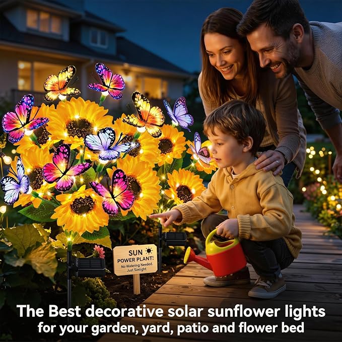 Solar Sunflower Lights with Butterflies, Bright Garden Light Outdoor Decor | Waterproof Lifelike Sunflower Blooms, Auto On/Off, Solar Flower Lights for Yards, Patios, Paths, Gifts for Women Mom Grandma