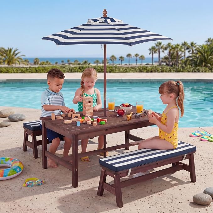 HONEY JOY Kids Picnic Table, Large 42” x 23” Tabletop, Fir Wood Toddler Outdoor Table & Bench Set w/Removable Cushions & Umbrella, Children Backyard Furniture for Patio Garden, Seats for 4 (Blue)