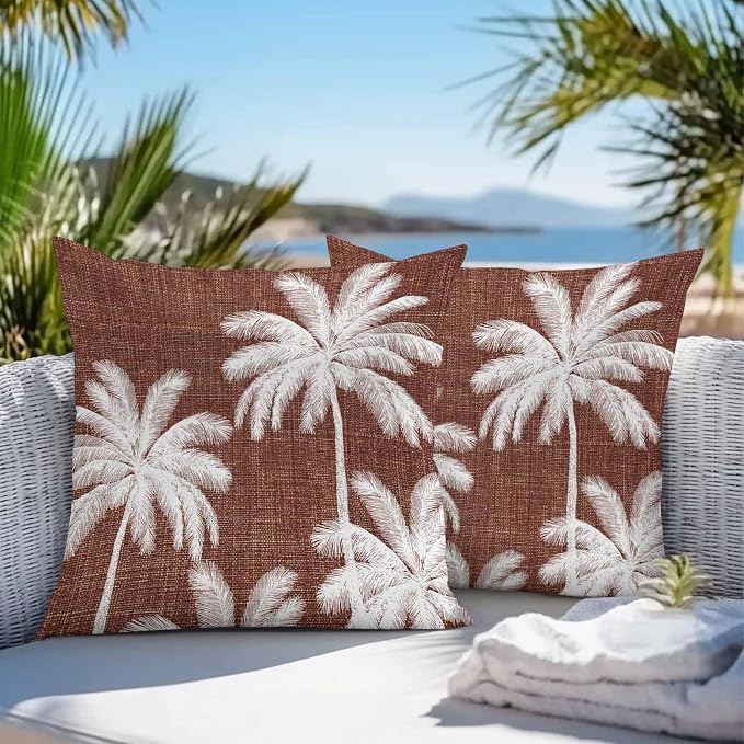 Outdoor Pillow Covers 20x20 Inch Set of 2, Brown Palm Trees Waterproof Throw Pillow Covers, Farmhouse Tropical Summer Beach Decorative Cushion Pillowcases for Couch, Sofa, Bed, Garden, Patio
