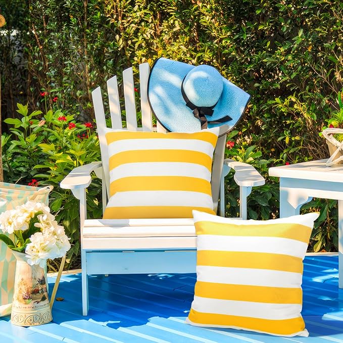 Lewondr 2 Pack Outdoor Throw Pillow Covers, 18"x18", Yellow + White | Square Stripe, Waterproof, For Outdoor Patio Porch Farmhouse Garden Balcony Couch, 45x45cm
