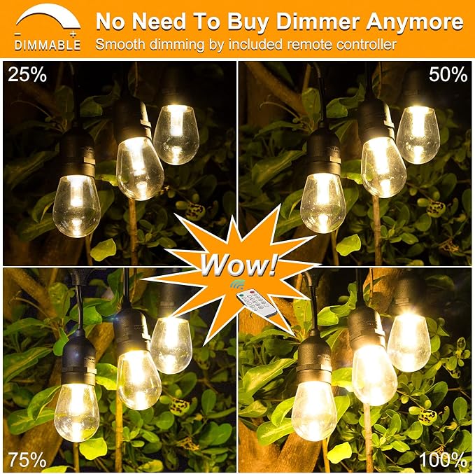 3 Color Outdoor LED Dimmable String Lights with Remote 48FT, Black | Plug in, Jump/Fade/Static Modes, 2700K/4000K/5000K, 15 S14 Bulbs, Shatterproof, Waterproof, Linkable, Backyard Patio Decor