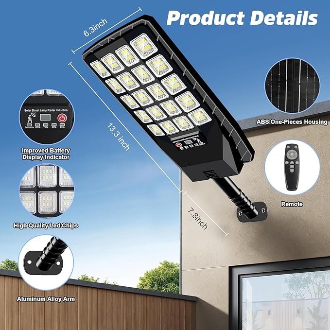 2 Pack Solar Street Lights Outdoor Waterproof, 6500K 20000LM Wide Angle Solar Powered Flood Light with Motion Sensor & Remote Control,Dusk to Dawn Commercial Solar Outdoor Light for Parking Lot