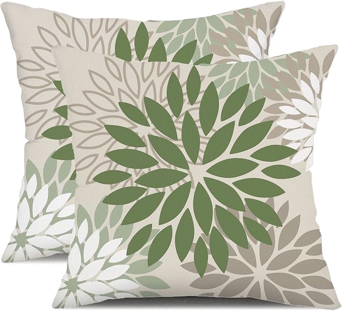 DFXSZ Outdoor Waterproof Pillow Covers 16x16 Set of 2 Army Green Flower | Spring Summer Waterproof Flower Throw Pillowcases（No Inserts）Outdoor Decor for Patio Funiture Garden Polyester Covers