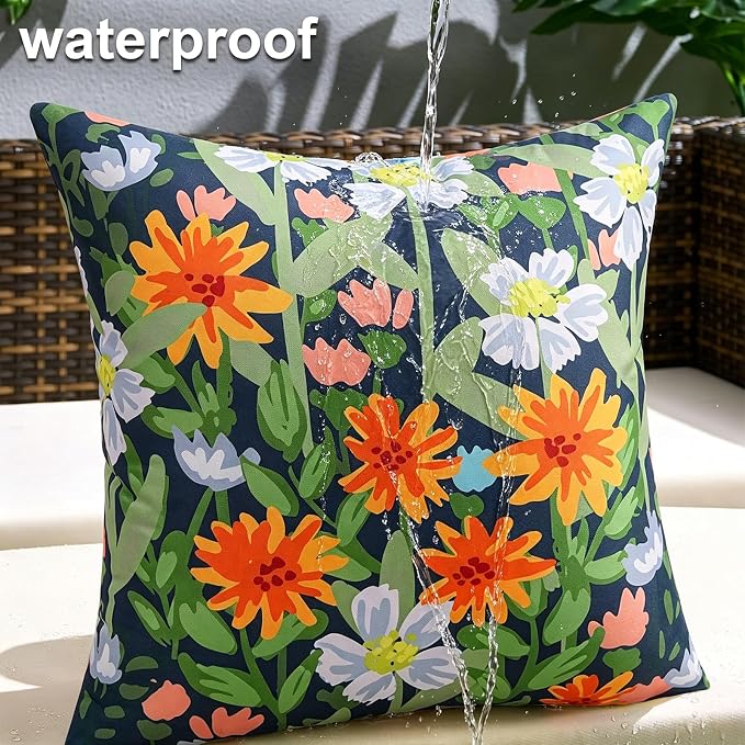 Pyonic Spring Summer Floral Outdoor Pillow Covers 20x20 inch Waterproof Throw Pillow Covers Outdoor Pillows for Patio Furniture Garden Bench Porch,Navy Blue