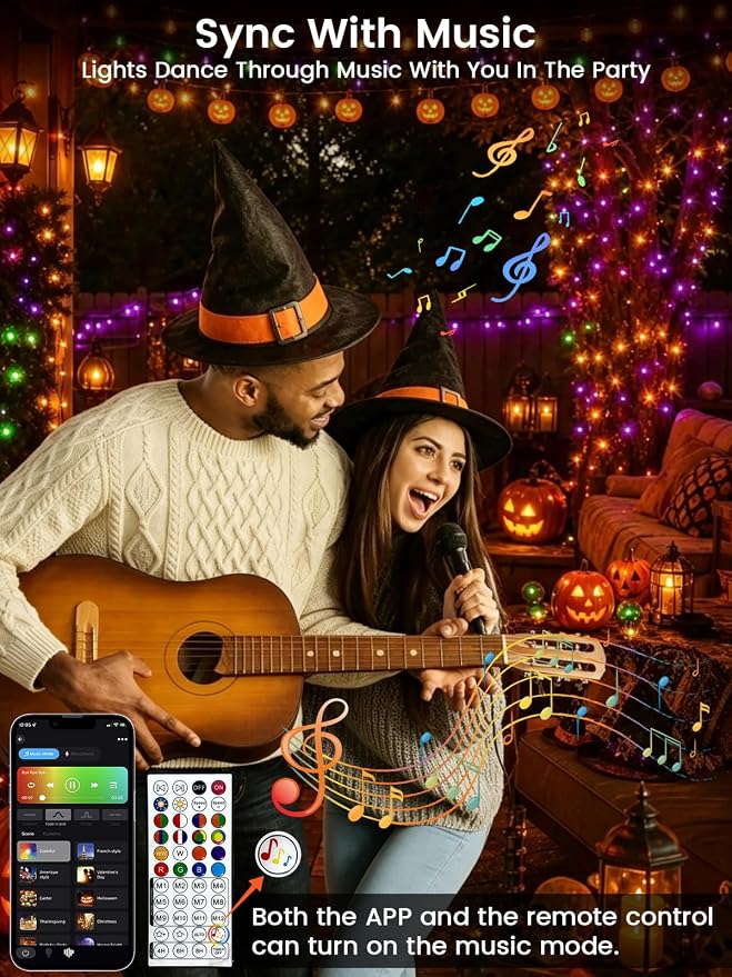 200 LED Smart Color Changing Fall String Lights APP & Remote for Halloween | 66 FT Halloween Twinkle Lights IP44 Waterproof, Timer, Music Sync, Multiple Colors & Modes, Outdoor Christmas Fall Decoration