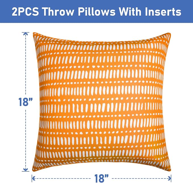 Pack of 2 Outdoor Pillows, 18x18 Outdoor Throw Pillows Waterproof | Decorative Patio Pillows, Outdoor Square Pillows, Fluffy and Supportive, Couch and Garden Use, Pebble Orange