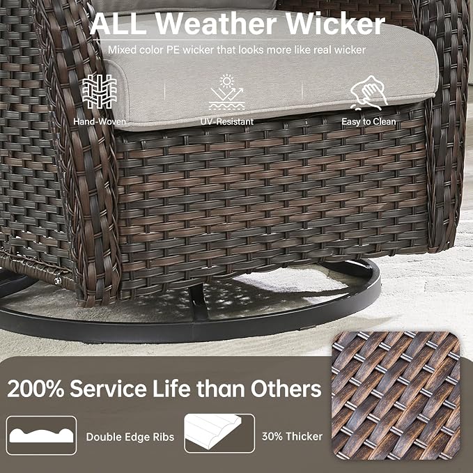 Outdoor Swivel Rocker Patio Chairs with 2 Ottomans - 5" Thick Cushion 5 Piece Furniture Set All Weather Wicker Conversation Set with Side Table for Porch Poolside and Deck - Brown/Beige
