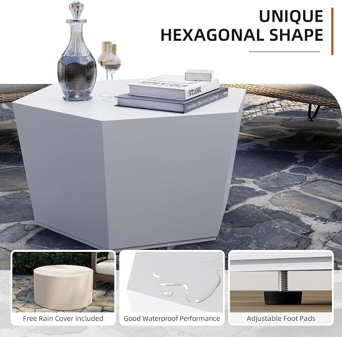 UPHA 28" Hexagon Outdoor Coffee Table, Modern Hollow Concrete Patio Table, Small Minimalist Low Accent Table for Living Room, Balcony, Deck, Backyard, Pure White