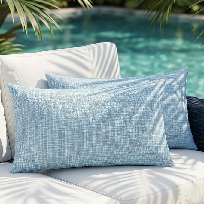 Lewondr Summer Outdoor Waterproof Throw Pillow Covers, Light Blue, 12×20" | Pack of 2, Spring Decorative Lumbar Throw Pillow Cases Summer Garden Cushion Cover for Patio Sofa, Balcony Bench Couch