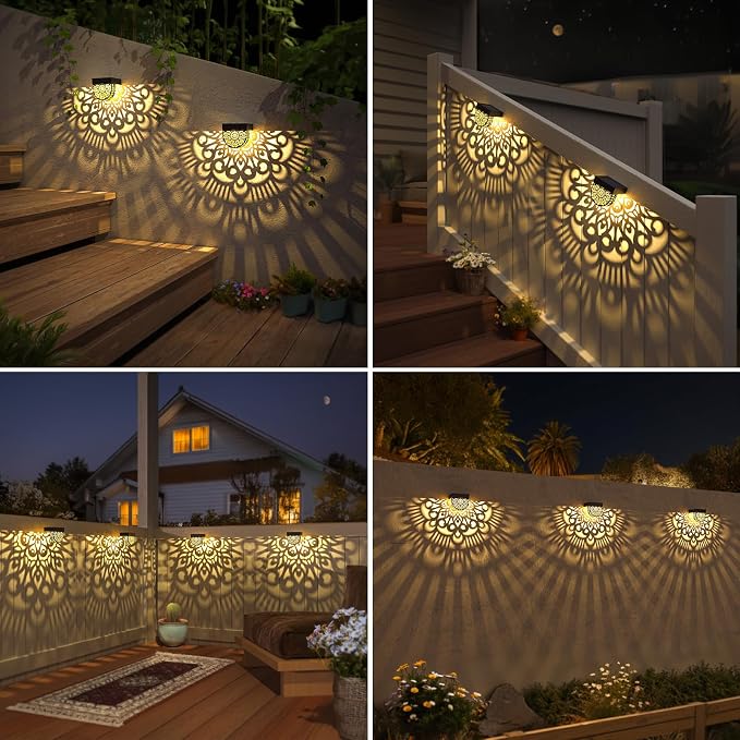 6 Pack Solar Fence Lights Outdoor Wall Lights Black Plastic Solar Powered Deck Step Stair Lights Mandala Theme Waterproof Fence Solar Light for Garden Post Patio Backyard Yard Decor