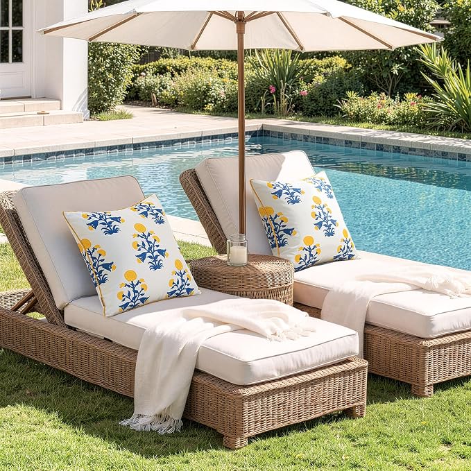 MIULEE Floral Outdoor Pillows Covers with Inserts 18x18 Blue and Yellow | Set of 2 Waterproof Decorative Throw Pillows with Piping,Vintage Fade Resistant, Patio Furniture Summer Garden Couch Sofa