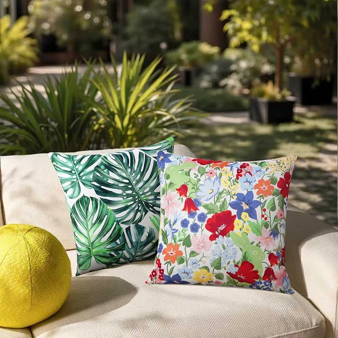 Adabana Outdoor Waterproof Floral Pillow Covers 20x20 Inch | Colorful Outdoor Pillow Covers Summer Decirative for Patio Furniture Porch Garden Pillows