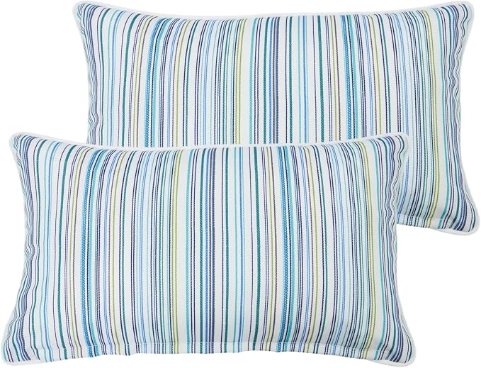 FUNHOME Outdoor Lumbar Pillows 12x20 inch,Decorative Throw Pillow Set of 2 with Insert,Water Resistant Headrests for Patio Furniture Sofa Couch Chair(Blue Stripe)